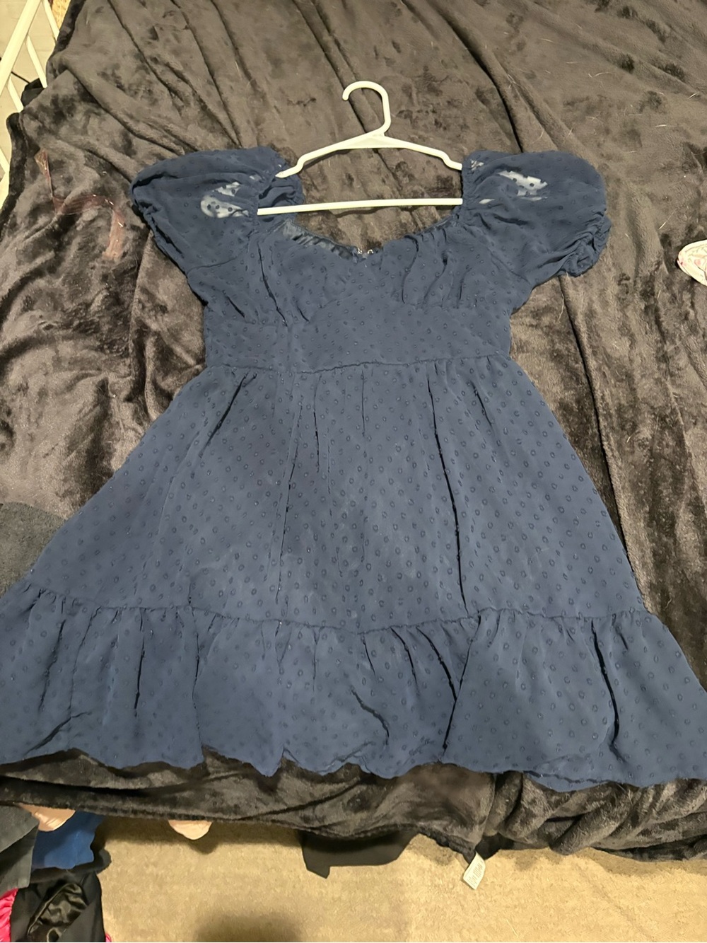 Navy Puff Sleeve Swiss Dot Mini Dress